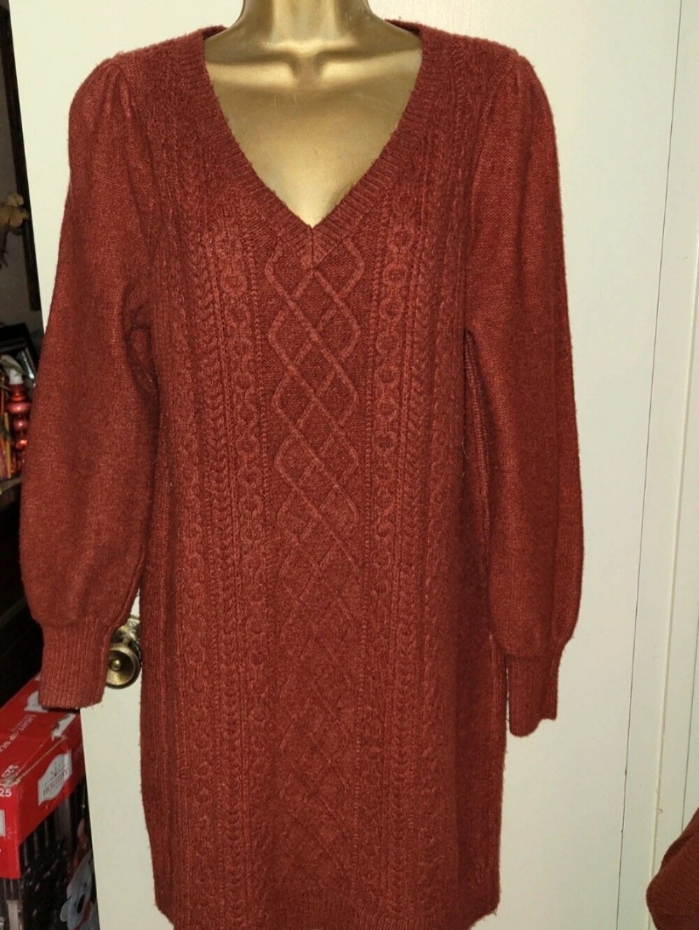 LOFT Rust Cable-Knit V-Neck Long Sleeve Dress